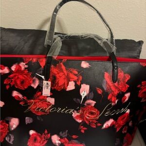 Victoria's Secret Black and Red Floral Tote Bag